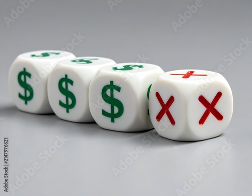 Dice arranged in a row; dollar symbols and red crosses depict success/failure