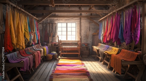 Sunlit rustic workshop filled with vibrant textiles on looms