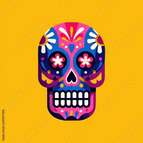 Pink and blue sugar skull illustration on a yellow background