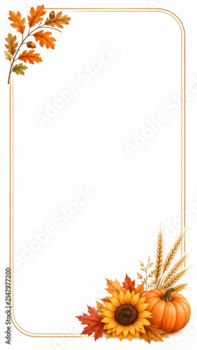 Autumn floral frame with pumpkins, sunflower, wheat and fall leaves on a white background creating a seasonal border with copy space for Thanksgiving and harvest designs