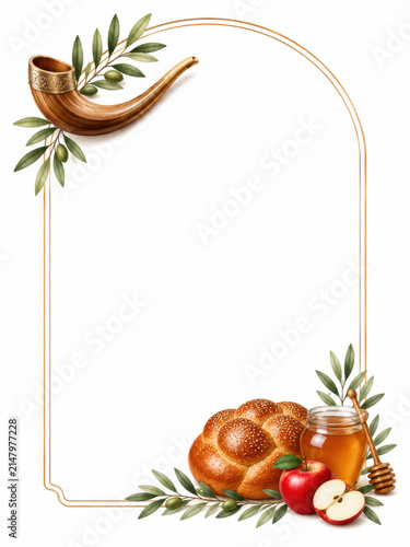 Rosh Hashanah frame with shofar, challah bread, honey, apple and olive branches on a white background creating a festive border with copy space
