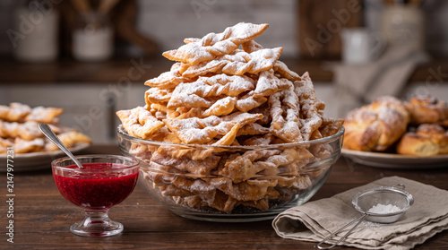 Crispy Polish Angel Wings Pastries with Raspberry Sauce