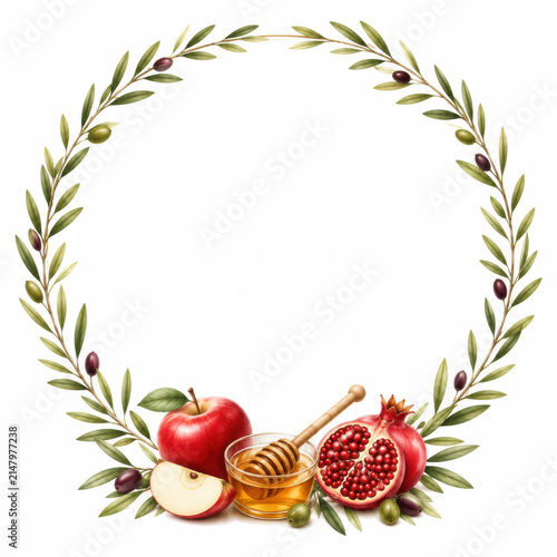 Rosh Hashanah wreath with olive branches, apple, honey and pomegranate on a white background creating a festive holiday frame with copy space