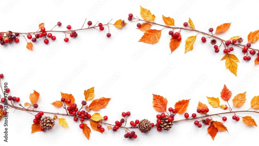 Obraz premium Autumn garland with red berries, orange leaves, pinecones. Festive decoration isolated on white background. Seasonal arrangement.