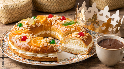 Spanish Roscon de Reyes Ring Bread with Thick Hot Chocolate