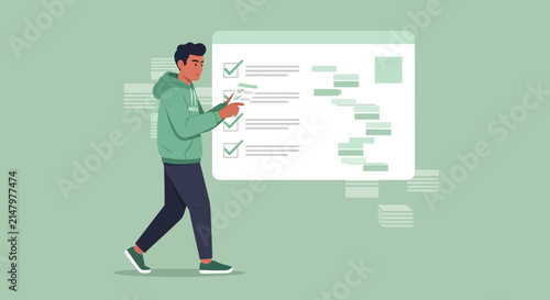 Man Planning Project Timeline with Checklist and Gantt Chart