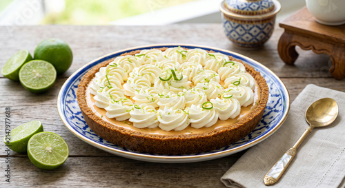 Florida Key Lime Pie Garnished with Whipped Cream and Lime