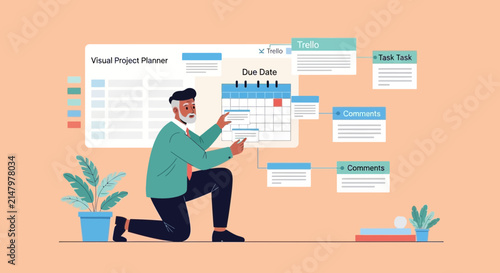 Man plans project schedule, visually managing tasks