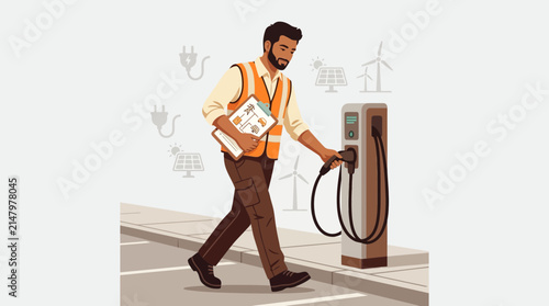 Man Pluggin Electric Car Charger, Renewable Energy Icons, Clean Transport Concept