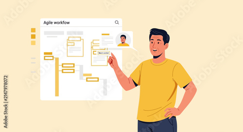 Man pointing at agile workflow Gantt chart on screen, business concept