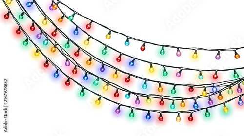 Colorful Christmas string lights hanging on a white background.
