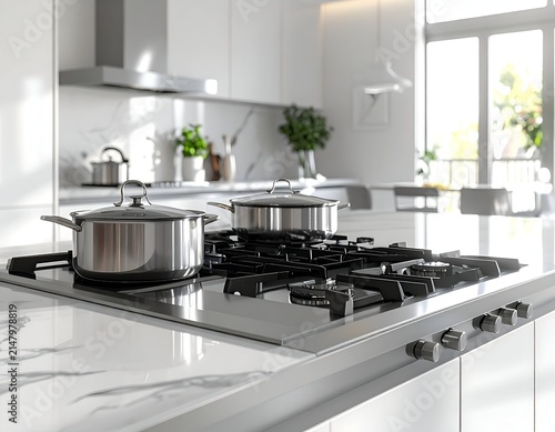 Modern kitchen scene, gas cooktop with stainless steel pots on a marble countertop