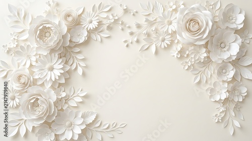 Intricate White Paper Flowers and Leaves Arranged in a Floral Corner Design