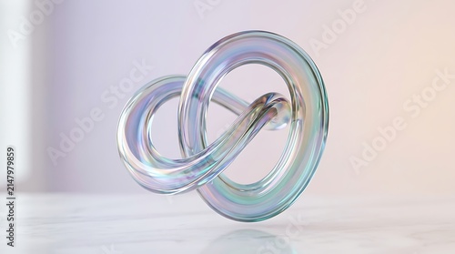 Iridescent Glass Knot Sculpture on a Marble Surface with Soft Lighting