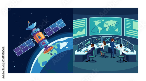 Satellite Orbiting Earth and Ground Control Mission Center Illustration