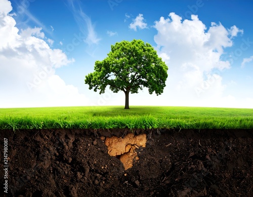 Lush green tree standing tall with roots shown underground, bright sky background