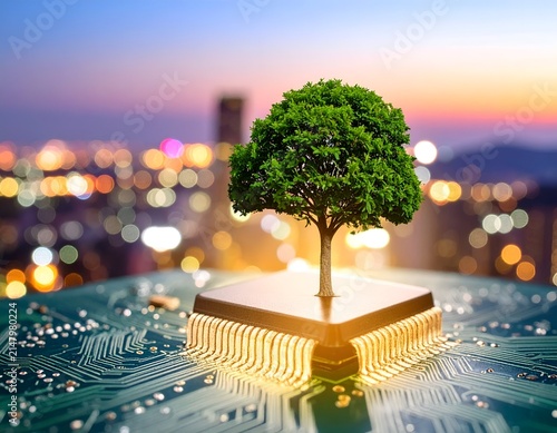 A digital circuit board with a flourishing tree, set against a city skyline at dusk