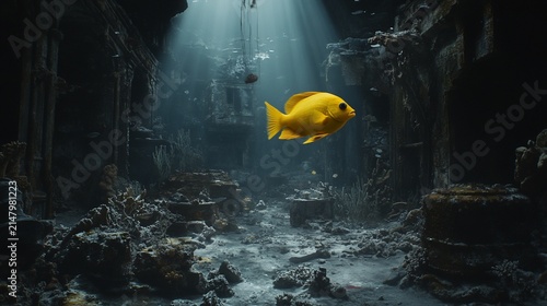 Sunlit, submerged ruins. A golden fish swims through a ruined temple underwater