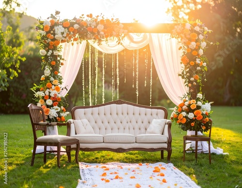Outdoor wedding setting with floral arch, couch, chairs, and flowing drapery in sunlight