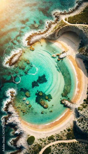 Aerial view of a tropical lagoon with turquoise water and sandy beach. Natural hidden cove surrounded by rock formation. Summer vacation concept, exotic marine travel destination.