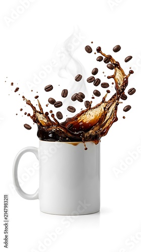 Hot Coffee Splash With Beans And Steam From White Mug Isolated On White Background