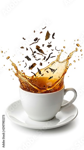 Hot Tea Splash From White Cup with Falling Leaves on White Background