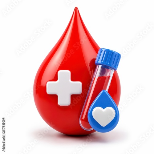 Healthcare icon blood drop and test tube with heart symbol on white background, medical healthcare icon for blood donation and laboratory test