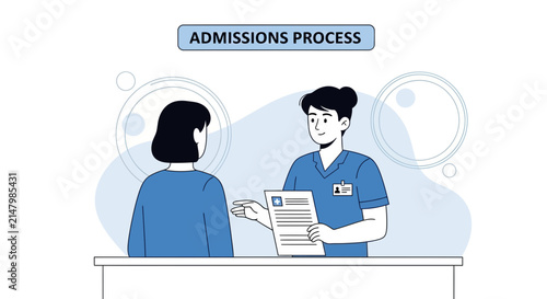 Doctor explains admissions process to patient at hospital reception desk