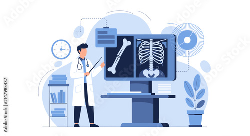 Doctor Explains Bone X-ray on Screen, Medical Research and Diagnosis Concept