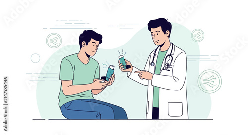 Doctor Explains Asthma Inhaler to Patient, Medical Consultation