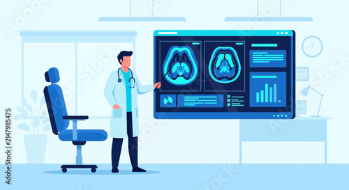 Doctor Explains Brain Scan Results on Futuristic Digital Display in Modern Clinic