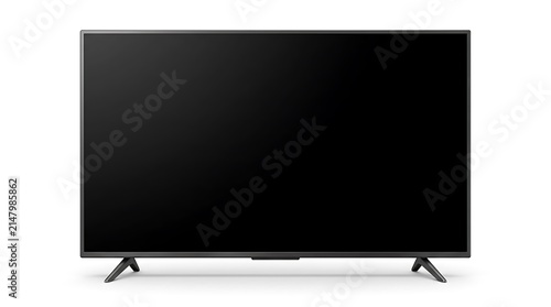 Modern flat screen television with black blank display screen on white background.