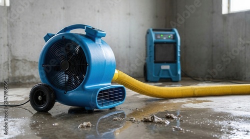 Industrial blue fan and dehumidifier drying a wet concrete floor with yellow hoses.