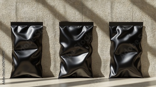 Three black, shiny packages on a textured surface with diagonal shadows