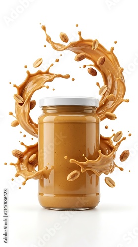 Jar of Peanut Butter with Peanuts and Swirling Peanut Butter Splash