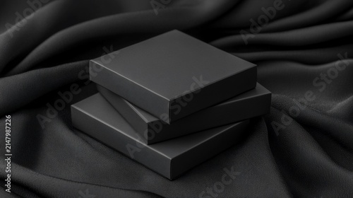 Three matte black square boxes on dark fabric