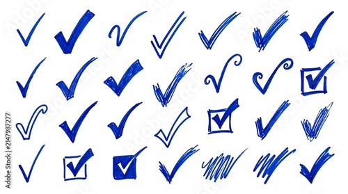 Set of Hand Drawn Blue Ink Check Mark Icons.