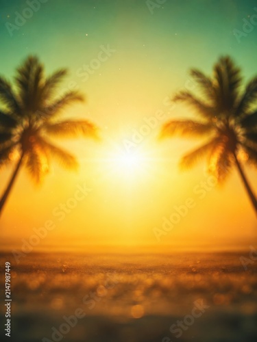 Tropical sunset with palm trees and ocean view, vibrant colors, blurred background.