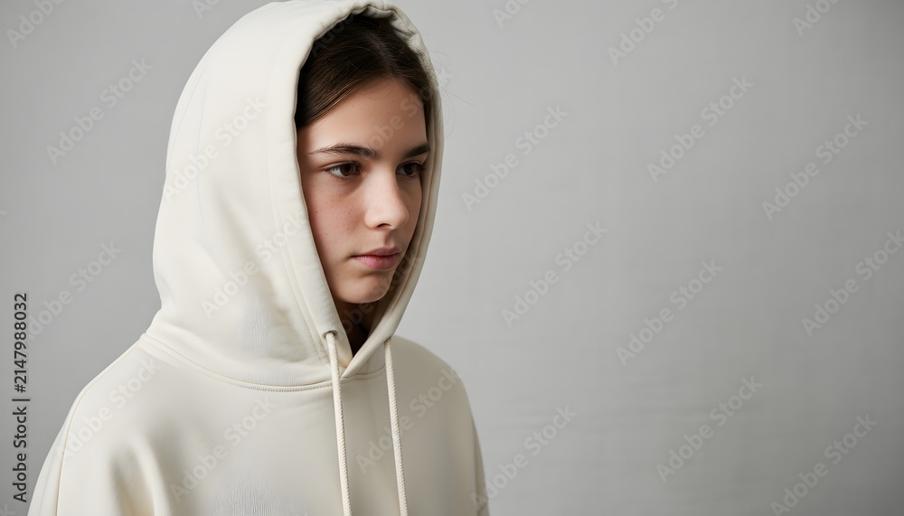 Fototapeta premium Pensive young adolescent girl hiding behind beige hoodie in neutral studio setting for youth mental health, teenage anxiety, social pressure and loneliness concept