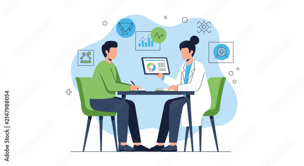 Fototapeta premium Doctor Consulting Patient with Medical Data on Tablet, Healthcare Concept