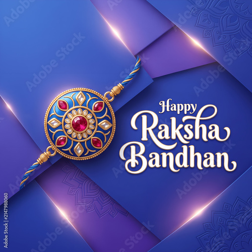 Elegant Raksha Bandhan Greeting with Traditional Rakhi, Gold, Gems, and Festive Blue Purple Background