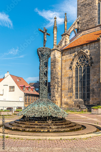View at the Fountain near Church of Saint Andrew in the streets of Hildesheim - Germany
