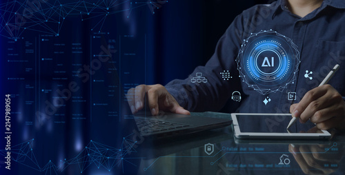 A businessman using agent AI, artificial intelligence, machine learning, and analyzing business data analytics to set a strategy