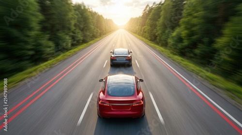 Two cars maintain safe distance on a quiet road during daylight with red and dark vehicles in parallel lanes.