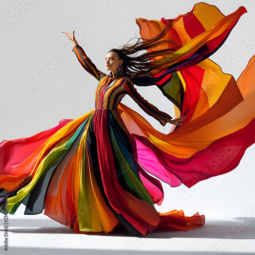 Graceful woman wearing a colorful rainbow dress with flowing fabric showcasing elegance and dynamic movement
