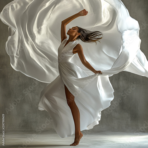 Elegant dancer in flowing white attire showcasing dynamic movement in a softly illuminated studio setting