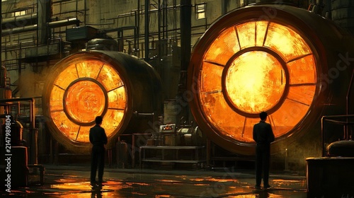 Two glowing industrial furnaces in a dimly lit factory