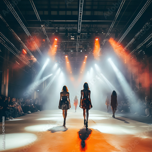 Models showcasing the latest trends on the runway illuminated by vibrant stage lights during a contemporary fashion event