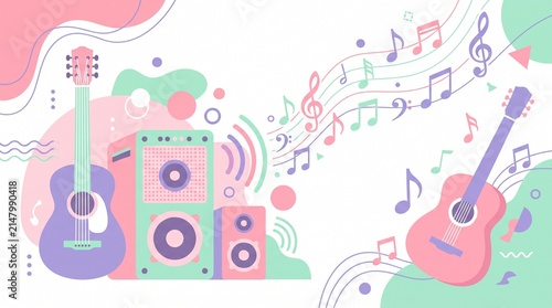 Pastel Minimalist Abstract Music Background with Speakers and Acoustic Guitars