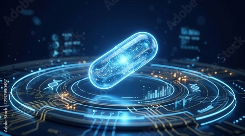 Abstract digital graphic of a glowing capsule on a circuit board for innovation in medicine and pharma tech.